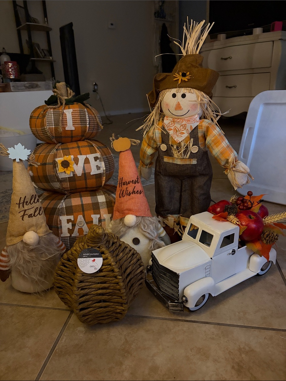 Autumn Harvest Fall Decor Set - Orange Plaid & White Truck